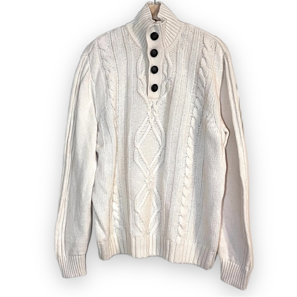 HAGGAR Men's Cream Cable Knit Fisherman Style Henley Wool Blend Sweater Size L